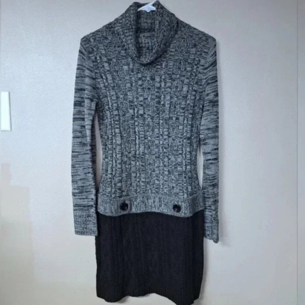 IZ Byer Knitted Turtleneck Drop-Waist Sweater Dress Gray Black